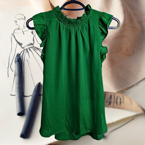 Ruffle Sleeve /Neck -Green Top - Picture 1 of 3